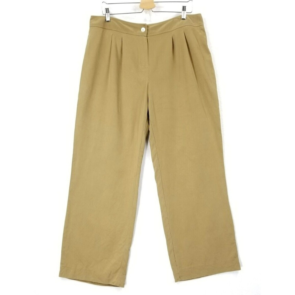 Louben Pants Women 16 Beige 100% Silk Crepe Pleated Wide Leg Career Trousers